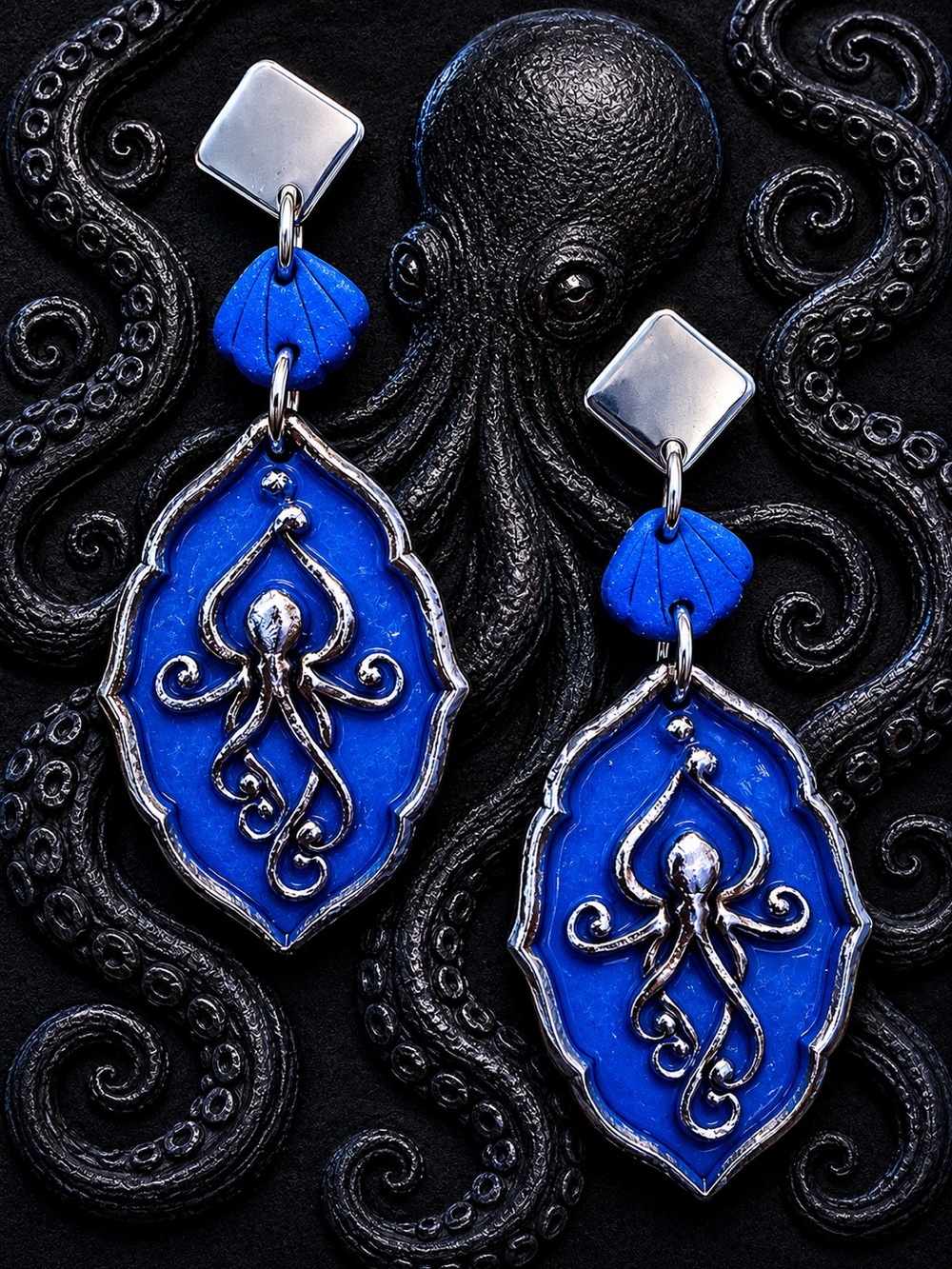 Blue Octopus Drop Handmade Polymer Clay Earrings